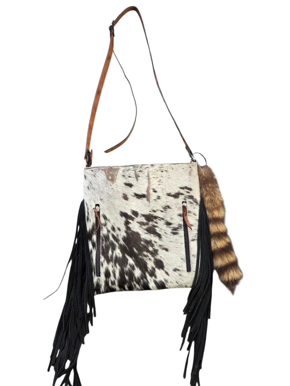Rafter T Hair On Hide Cowhide Western Cowgirl Rodeo Fringe Crossbody Purse - Picture 3 of 7
